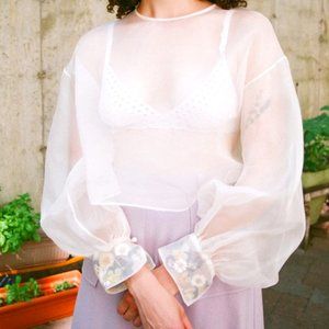 Dauphinette Ivory Claude Silk Organza Top with real pressed flowers - Size Small